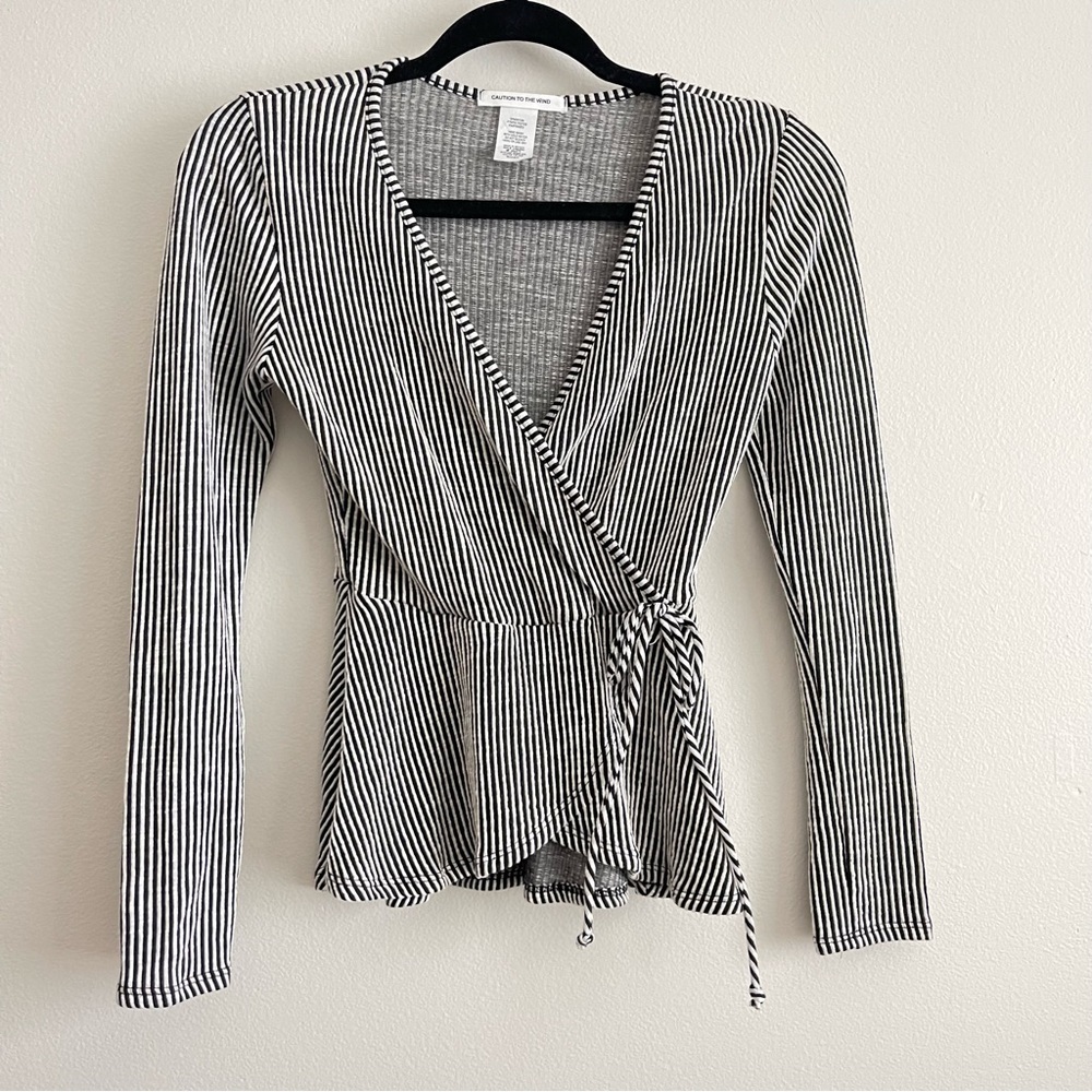 Caution to the wind women’s striped wrap long sleeve top blouse deep V-neck
